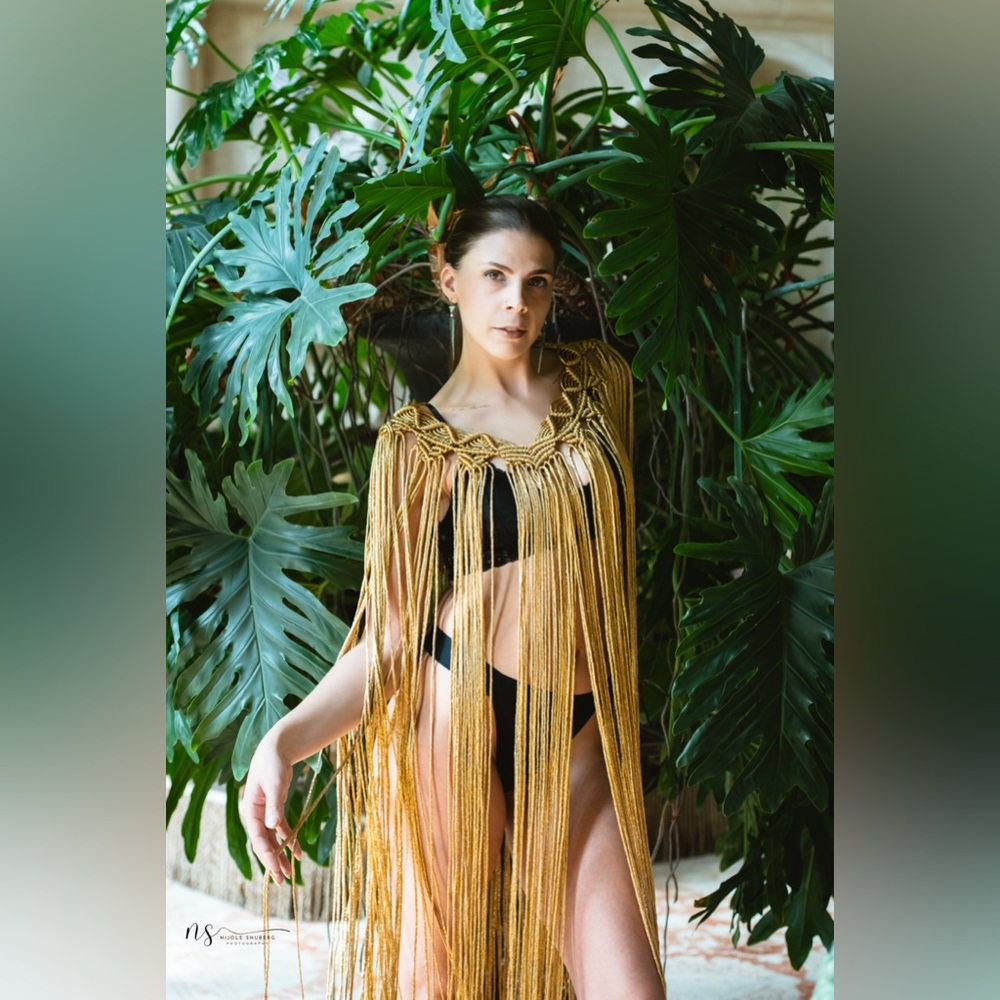 Original GoodVibeGoda Handmade Macramé Gold Fringe Women's Swim Cover-Up - Picture 7 of 9